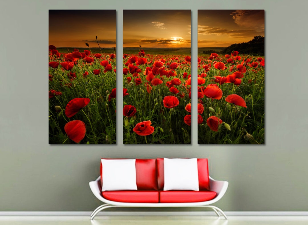 Red Poppy Field Sunset Canvas Wall Art, Wildflower Meadow Landscape ...
