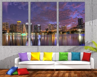 Orlando, Florida Skyline -3 Panel Split, Triptych Canvas Print. Purple night print for home or office wall decor, interior design decoration