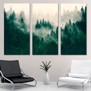 Foggy Forest Wall Art Canvas Print. Green Misty Forest Pine Forest Mountain Forest Landscape nature wall art - Giclee home office wall decor