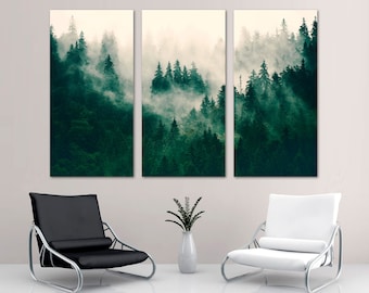 Foggy Forest Wall Art Canvas Print. Green Misty Forest Pine Forest Mountain Forest Landscape nature wall art - Giclee home office wall decor