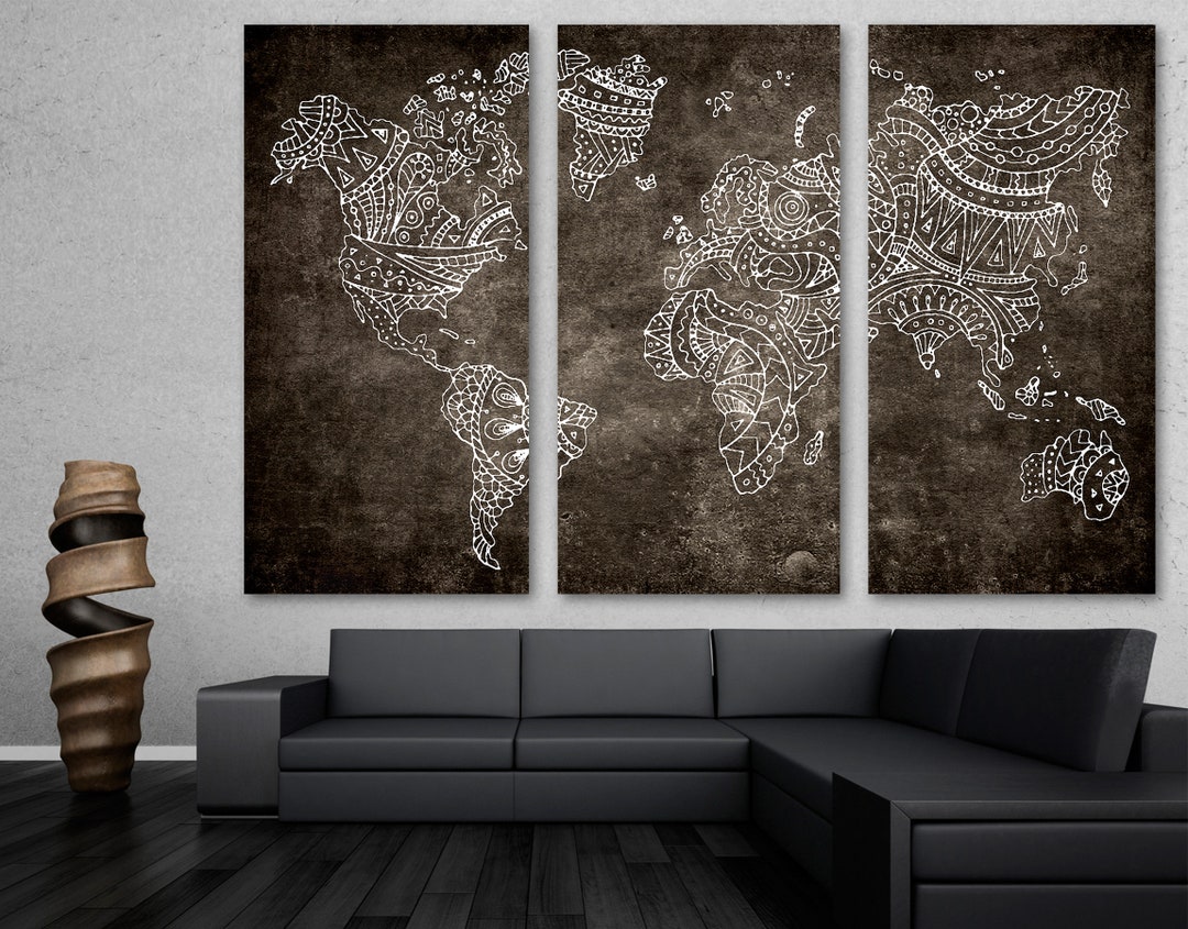 Doodle World Map Wall Art Brown Canvas Print Wall Art, Line Art World ...