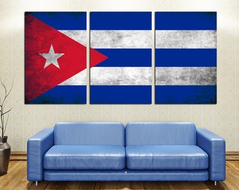 Cuba Flag Canvas Print Wall Art Grunge Effect - 3 panel split, Triptych - Cuba country flag art for home decor, wall decor, interior design