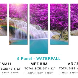 May include: A five-panel canvas print depicting a waterfall in a lush forest with vibrant purple trees. The print is available in three sizes: small (40 inches by 22 inches), medium (60 inches by 32 inches), and large (80 inches by 42 inches).