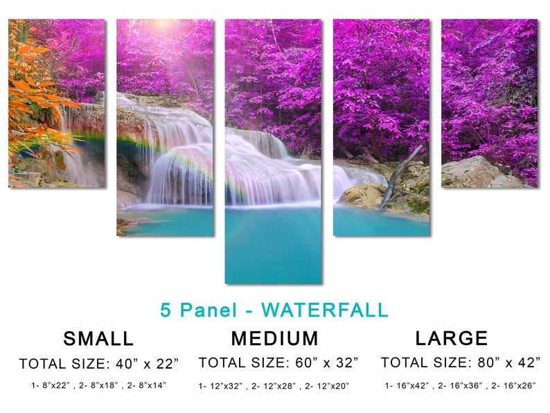 May include: A five-panel canvas print depicting a waterfall in a lush forest with vibrant purple trees. The print is available in three sizes: small (40 inches by 22 inches), medium (60 inches by 32 inches), and large (80 inches by 42 inches).
