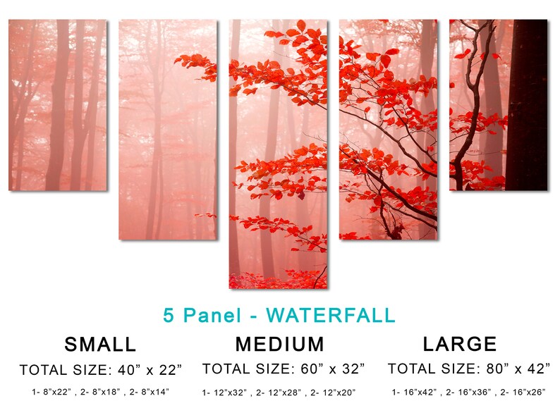 Op de afbeelding: Een vijfdelige canvasprint die een mistige bos sc&egrave;ne met rode bladeren toont. De print is verkrijgbaar in drie maten: klein (40" x 22"), medium (60" x 32") en groot (80" x 42").