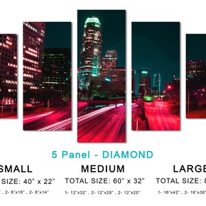 Downtown LA, Los Angeles City skyline Canvas Print. 3 Panel Split, Triptych. Pink-red freeway for home or office wall decor, interior design 5 Panel Diamond