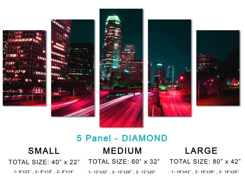 Downtown LA, Los Angeles City skyline Canvas Print. 3 Panel Split, Triptych. Pink-red freeway for home or office wall decor, interior design 5 Panel Diamond