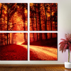 May include: A four-panel canvas print depicting a red-hued forest path with a misty, sunlit background. The path leads into the distance, surrounded by tall trees with their branches reaching towards the sky.