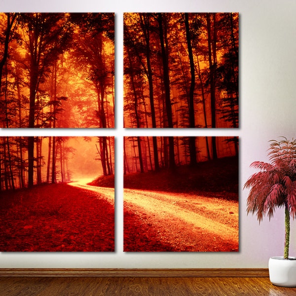 Red Fantasy Forest - 4 Panel Split (Quad) Canvas Print. Multi panel nature photography wall art print for home wall decor & interior design.