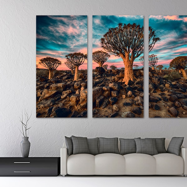 Quiver Tree Forest Canvas Print Wall Art. Turquoise Night Skies in Namibia. African Landscape Large Trees - Giclee wall decor home office