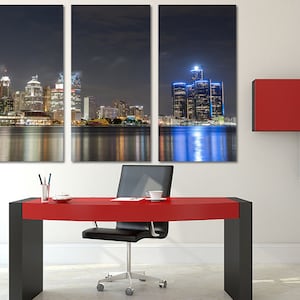 Detroit, Michigan USA Skyline at night Canvas Print Detroit Wall Art - Giclee Print for home, office wall decor & interior design.