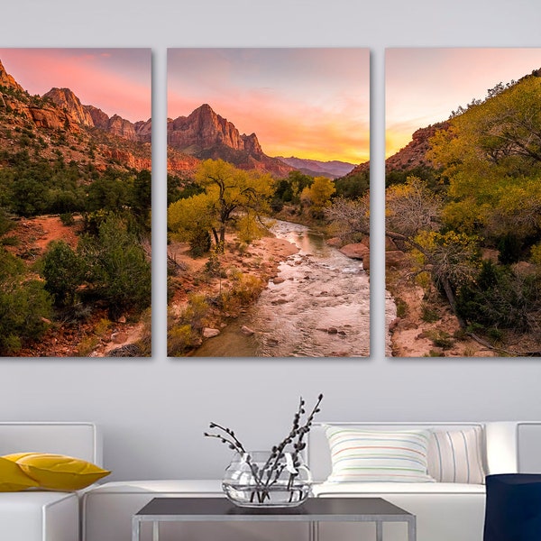 Zion National Park Canvas Print Wall Art Red Cliffs Sunset. River & Nature Utah Landscape - Giclee Home Decor Wall Decor, Interior Design