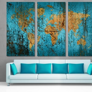 Munsell Blue World Map Canvas Wall Art Prints Set. Abstract World Map Wall Art, Large Wall Art. Giclee home decor, wall decor, office decor
