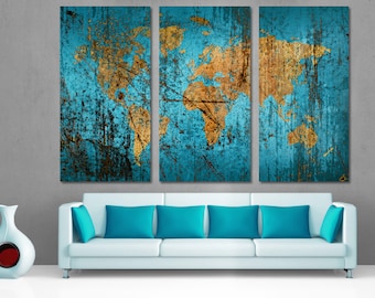 Munsell Blue World Map Canvas Wall Art Prints Set. Abstract World Map Wall Art, Large Wall Art. Giclee home decor, wall decor, office decor