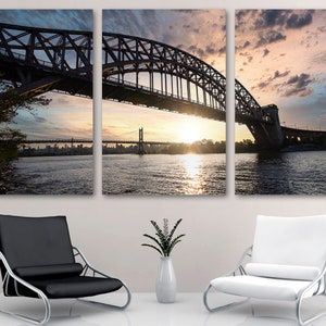 Hell Gate Bridge and Triborough bridge Canvas Print Set wall art at dusk, Astoria Park, New York - Giclee home wall decor interior design