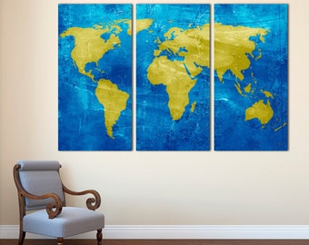 Blue and Yellow World Map Canvas Print. 3 Panel Split (Triptych). Abstract art for home, office wall decor & interior design. 1.5" frames