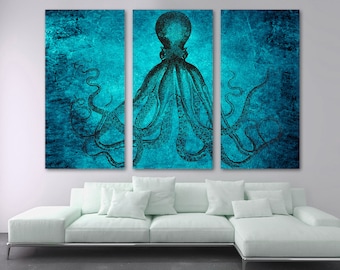 Lord Bodner Octopus Canvas Wall Art Print, Nautical Kraken with Munsell Blue Grunge Effect