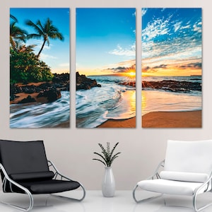 Makena Beach Wall Art Canvas Print at sunset Hawaii Blue Skies. Wailea, Maui scenic art landscape print -Giclee home office decor wall decor