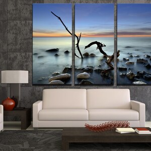 Early morning seacoast rocks Canvas Print Wall Art. Seascape nature photography Giclee print for office wall decor and interior design.
