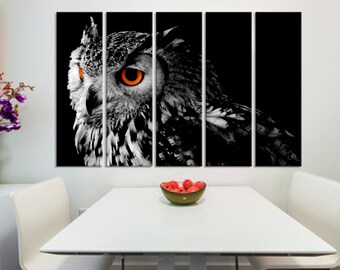 Northern Pygmy Owl Canvas Print -5 Panel Split. Black and White wall art of colored eyes pigmy bird photography for kitchen, room wall decor