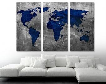 Blue World Map Canvas Print Wall Art Decor. Map of the world abstract digital textures gray back - Giclee home office decor, interior design