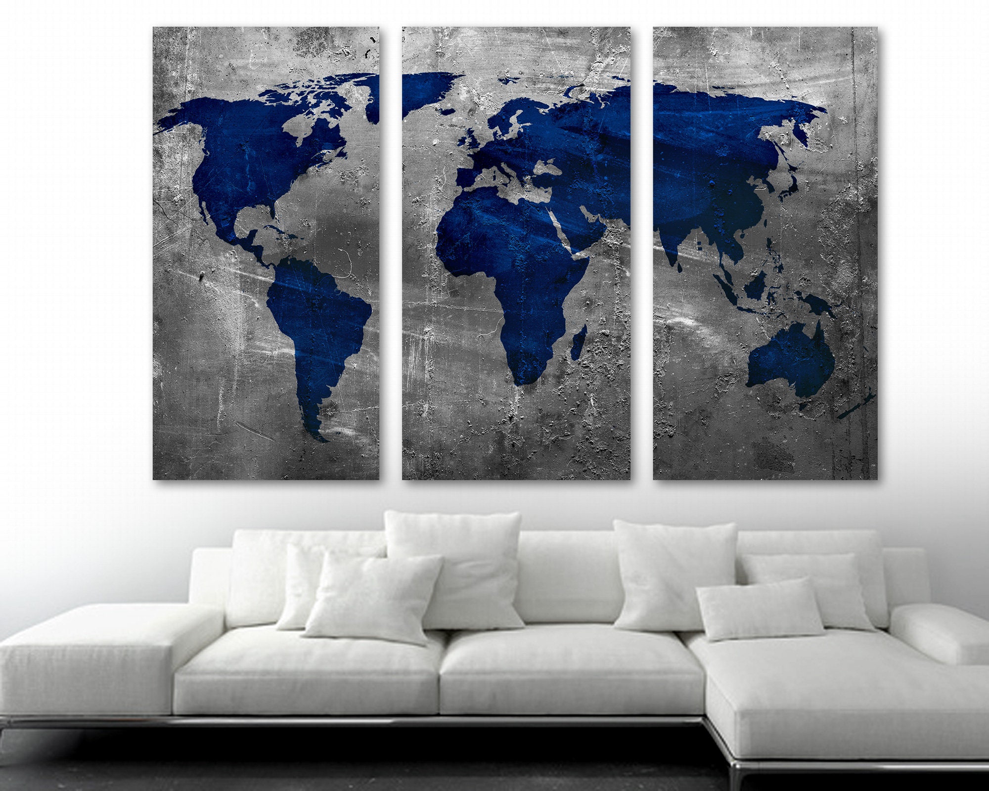 Canvas Art World Map Blue World Map Canvas Print 3 Panel Split Triptych Wall Art Etsy