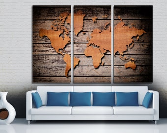 Wood Style World Map Canvas Print - 3 Panel Split, Triptych. Art for home, office room wall decor & interior design.