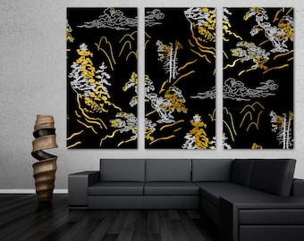 Japanese Botanical Wall Art Canvas Print Gold, Silver on black. Japanese wall art print oriental Illustration -Giclee home office wall decor