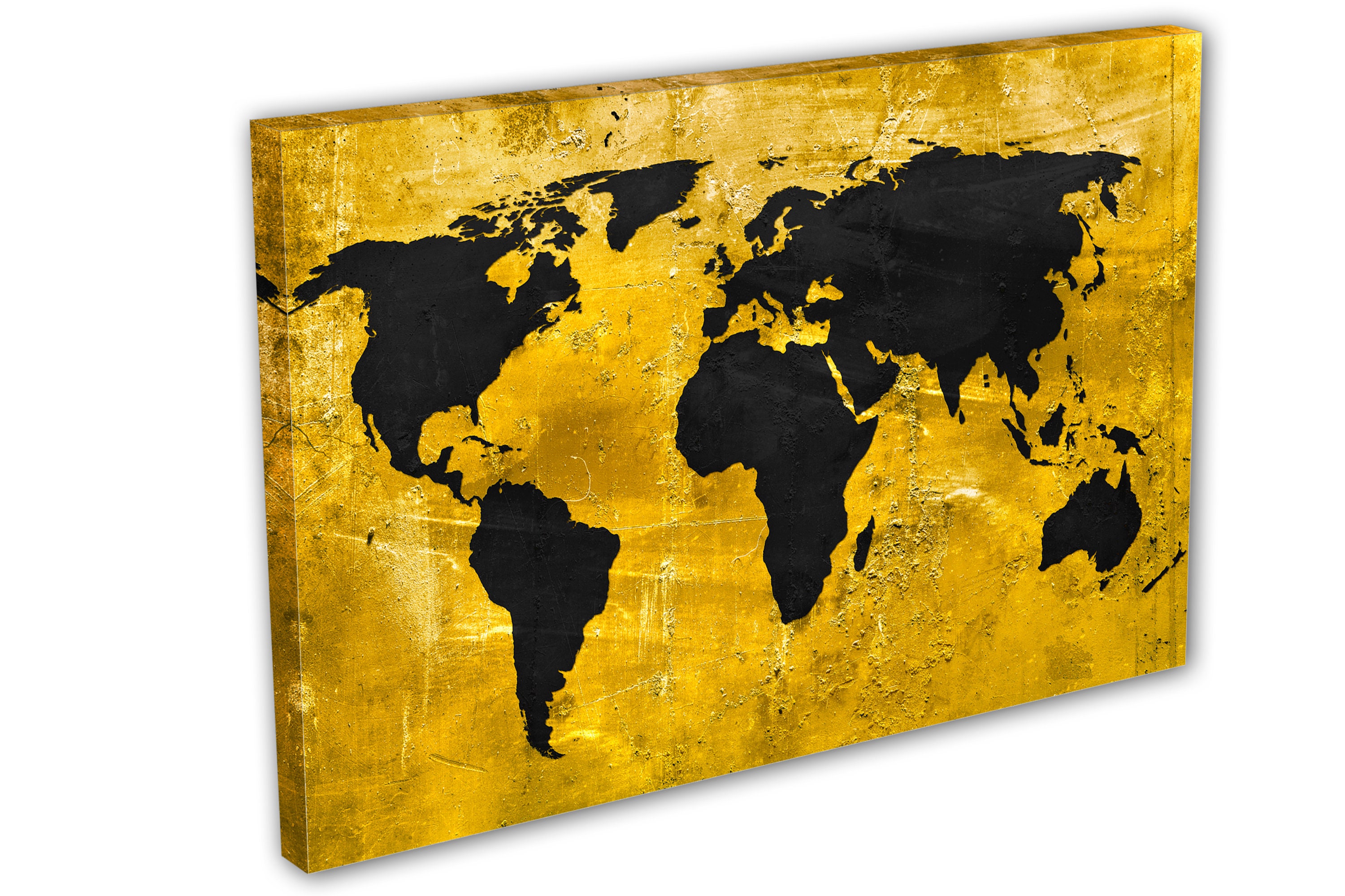 Gold and Black World Map Canvas Wall Art With Distressed Grunge Texture ...