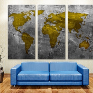 Abstract yellow-gold World Map Canvas Print on gray background. Wall Art Giclee for home or office wall decor & interior design