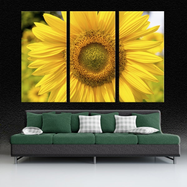 Yellow Sunflower Canvas Wall Art Macro Floral Photography for Farmhouse Kitchen Decor