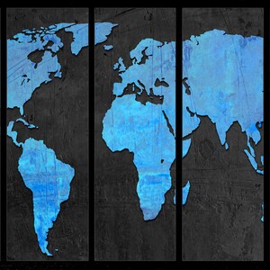 5 Panel Split World Map Canvas Print, Dodger Blue & Black - Giclee Wall ...