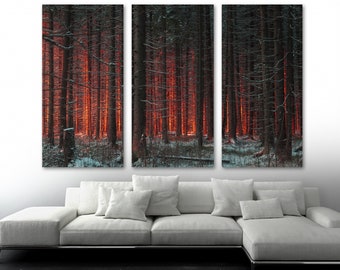 Dark Scary Red Forest Large Trees Wall Art Canvas Print. Nature Photography fiery red art - Giclee home decor, wall decor, interior design