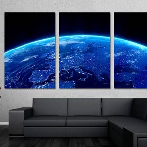 Blue Earth From Space at night Canvas Print  Wall Art Decor. Earth, Europe space photo shot - GIclee room wall decor interior design.