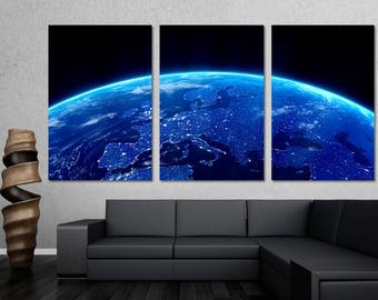 Blue Earth From Space at night Canvas Print  Wall Art Decor. Earth, Europe space photo shot - GIclee room wall decor interior design.