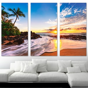 Makena Beach Canvas Print Wall Art at sunset, Azure Blue Skies. Wailea, Maui Hawaii scenic art landscape print-Giclee home office wall decor