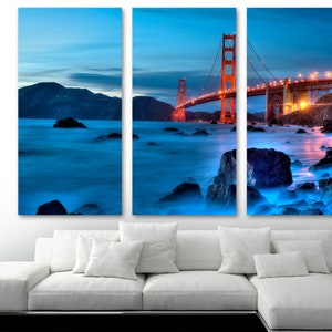 SF Golden Gate Bridge wall art in blue Canvas Print - San Francisco Bridge Art Scenery - Giclee home art decor, wall decor, interior design