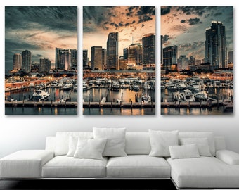 Miami skyline Canvas Print Wall Art. Panoramic city art print set. Dramatic dark skies at dusk - Giclee wall art, Office decor, wall decor