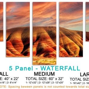 Painted Hills Canvas Print Wall art orange skies at John Day Oregon National Monument. Scenic Landscape Print Giclee home office wall decor 5 Panel Waterfall