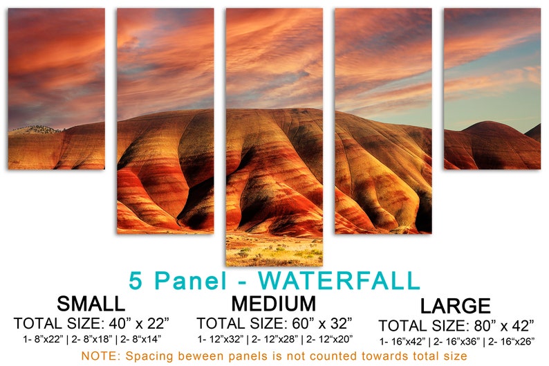 Painted Hills Canvas Print Wall art orange skies at John Day Oregon National Monument. Scenic Landscape Print Giclee home office wall decor 5 Panel Waterfall