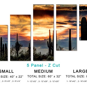 May include: Five-panel wall art featuring a desert sunset scene with silhouetted saguaro cacti. The artwork is available in three sizes: Small (40" x 22"), Medium (60" x 32"), and Large (80" x 42"). The sky displays vibrant orange and purple hues.