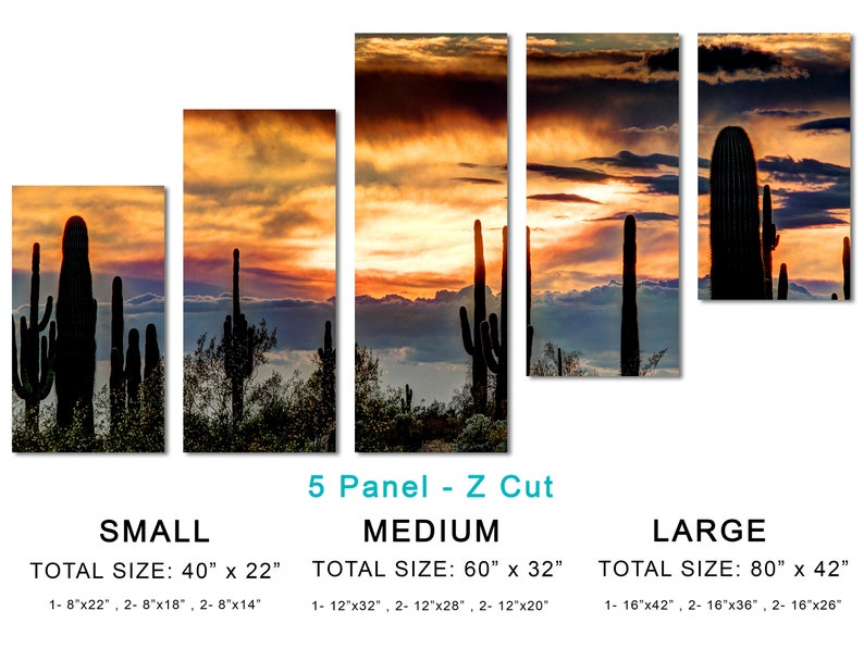 May include: Five-panel wall art featuring a desert sunset scene with silhouetted saguaro cacti. The artwork is available in three sizes: Small (40" x 22"), Medium (60" x 32"), and Large (80" x 42"). The sky displays vibrant orange and purple hues.