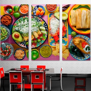Mexican Food Kitchen Wall Art Canvas Prints Decor of Green & Red enchiladas with mexican sauces - Giclee Home Decor Restaurant Wall Decor
