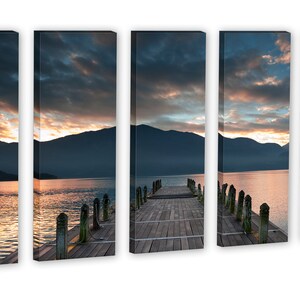Cloudy Lake, Docks Sunset 3 Panel Split triptych Canvas Print. Scenic ...