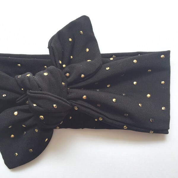 Top Knot Headband, Baby Turban Headband, Black and Gold Studs Headband