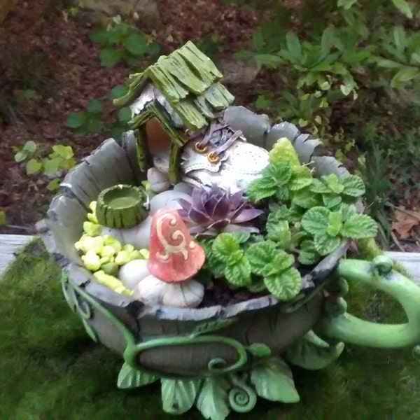 Miniature Fairy Garden Kit w/ Succulent Cuttings, Woodland Teacup Container Planter,  Dog House, Tea Cup