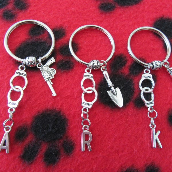 Darling, Cute Set of Three for 29.95 ~ "Partners in Crime" Key Rings w/ Charms & Initials ~ Unique Gift for Sisters, BFF, Those Close to Us