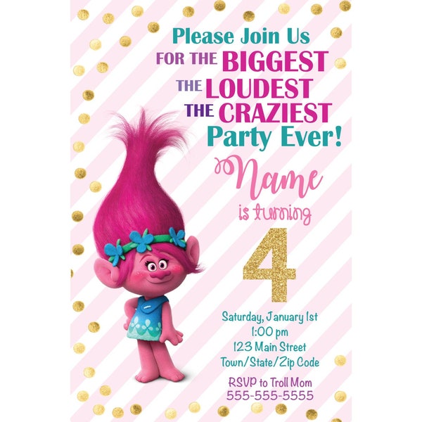Poppy Trolls Birthday Invitation