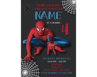 May include: A black and white invitation with a red and blue Spiderman character. The invitation says "Swing on over and let's party! NAME is turning 4. Saturday, January 1st 11:00 AM - 1:00 PM. Location Address Town, State, Zip Code RSVP to NAME: 123-456-7890"