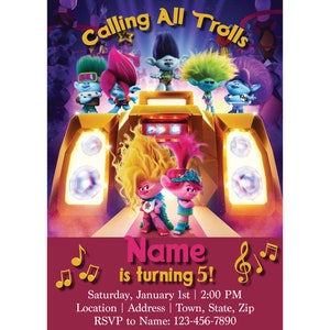 May include: A colorful invitation featuring characters from the Trolls movie. The invitation is for a birthday party and says "Calling All Trolls" and "Name is turning 5!" with a date and time of Saturday, January 1st at 2:00 PM. The invitation also includes a location, address, and RSVP information.